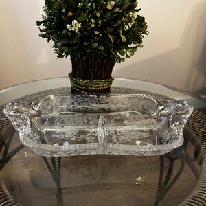 1930's New Martinsville 12" Floral Leaf Cut Glass 3 Compartment Vegetable Tray